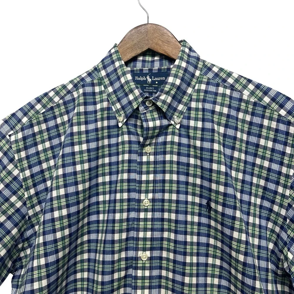Ralph Lauren Shirt Men's L Blue Plaid Short Sleeve Vintage 90's Pony‎ Blake Fit